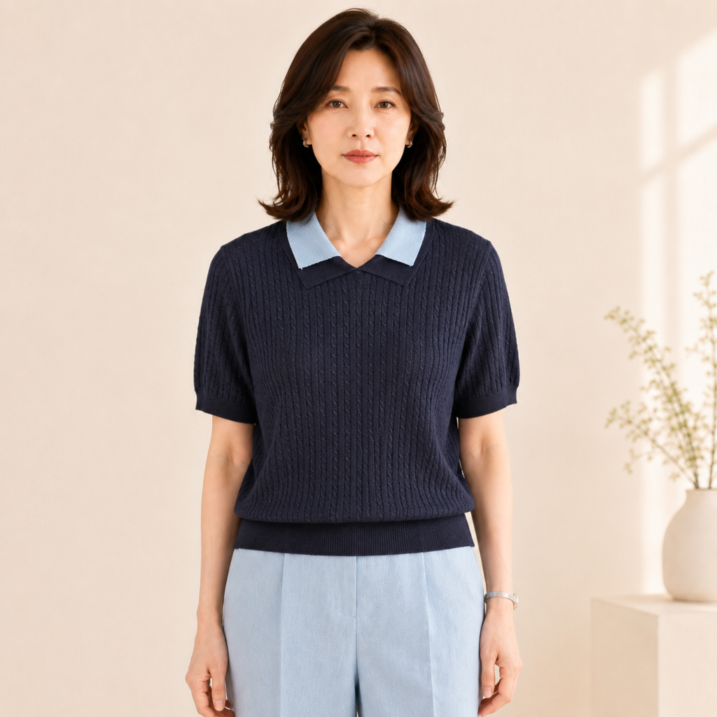 클래식 배색 골지 카라 니트